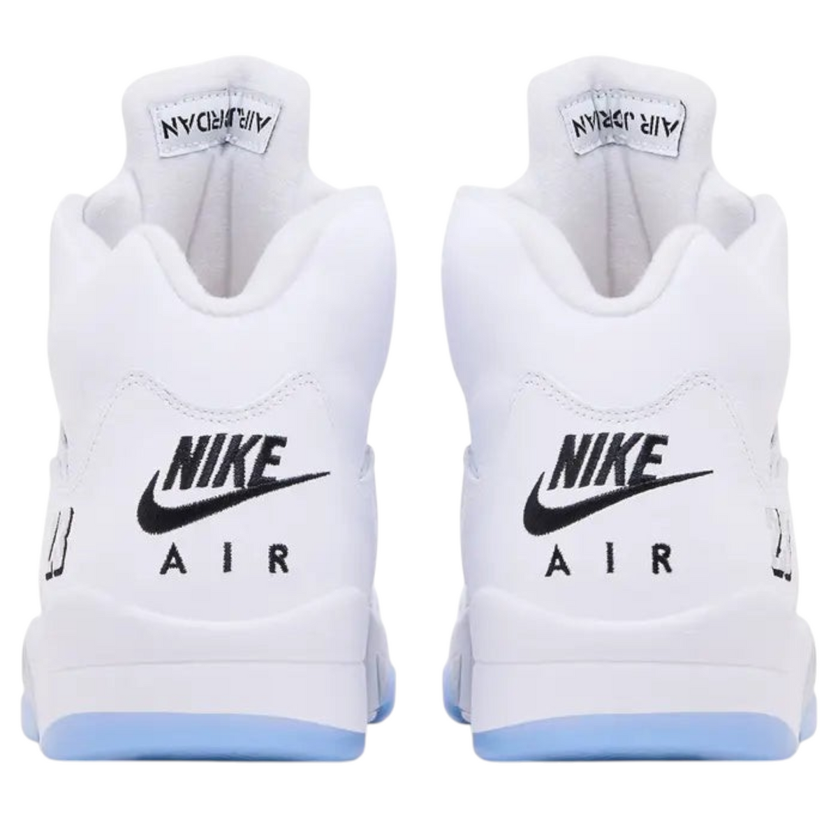 FLEX SHOP Air Jordan 5 Retro White Metallic sneakers showing the back view with black Nike Air branding