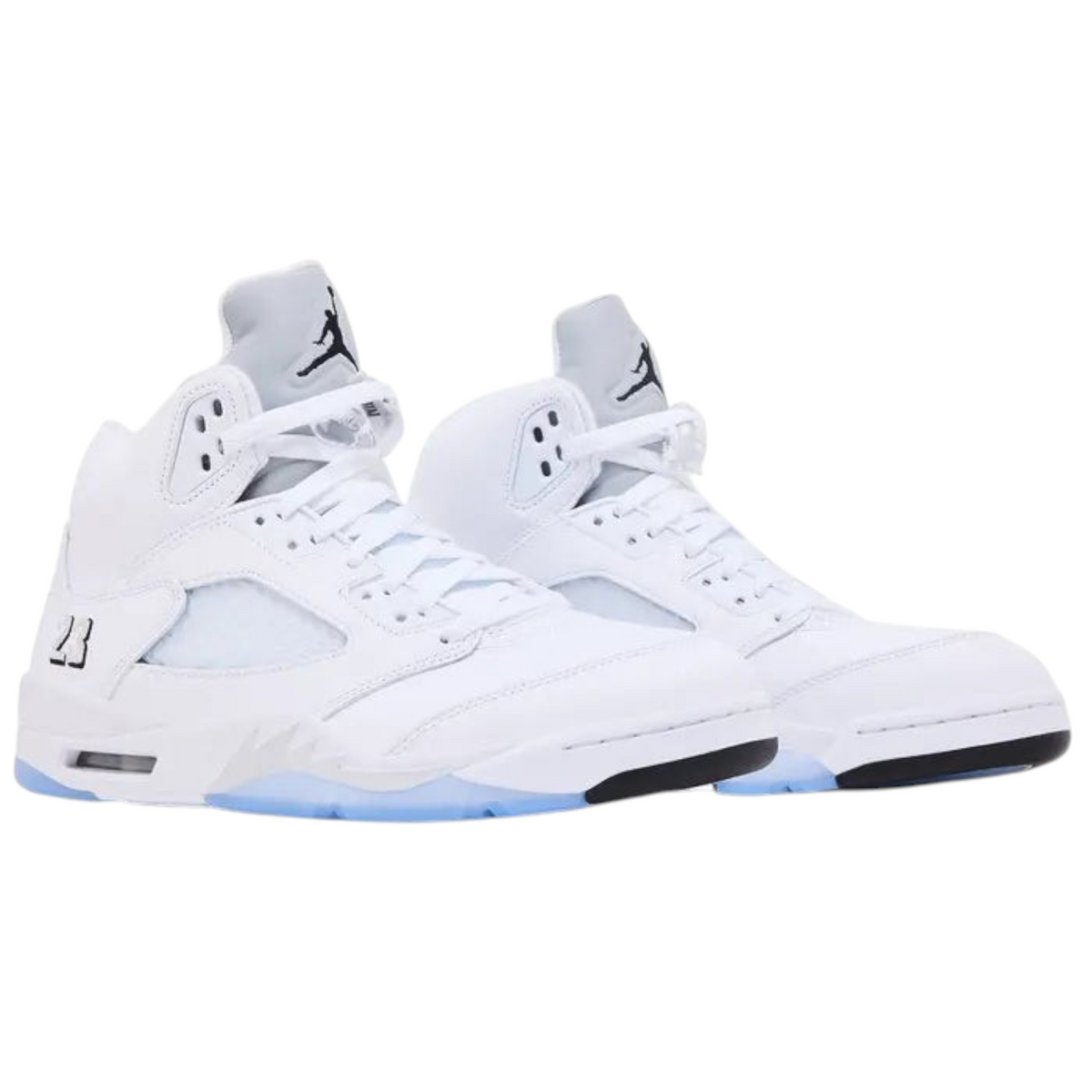 FLEX SHOP Air Jordan 5 Retro White Metallic sneakers featuring a clean white leather upper and grey tongue.