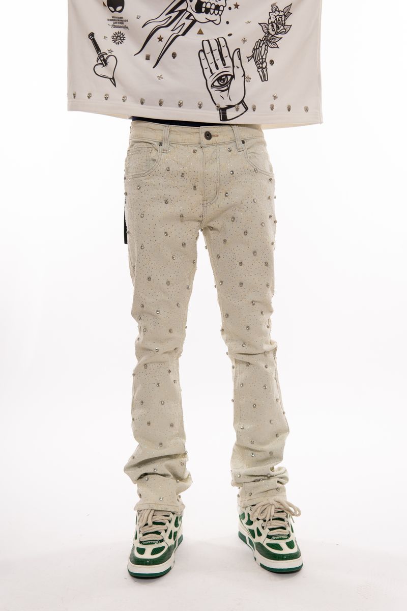VICIOUS JEANS CREAM ALL AROUND RHINESTONE FLARE VC510