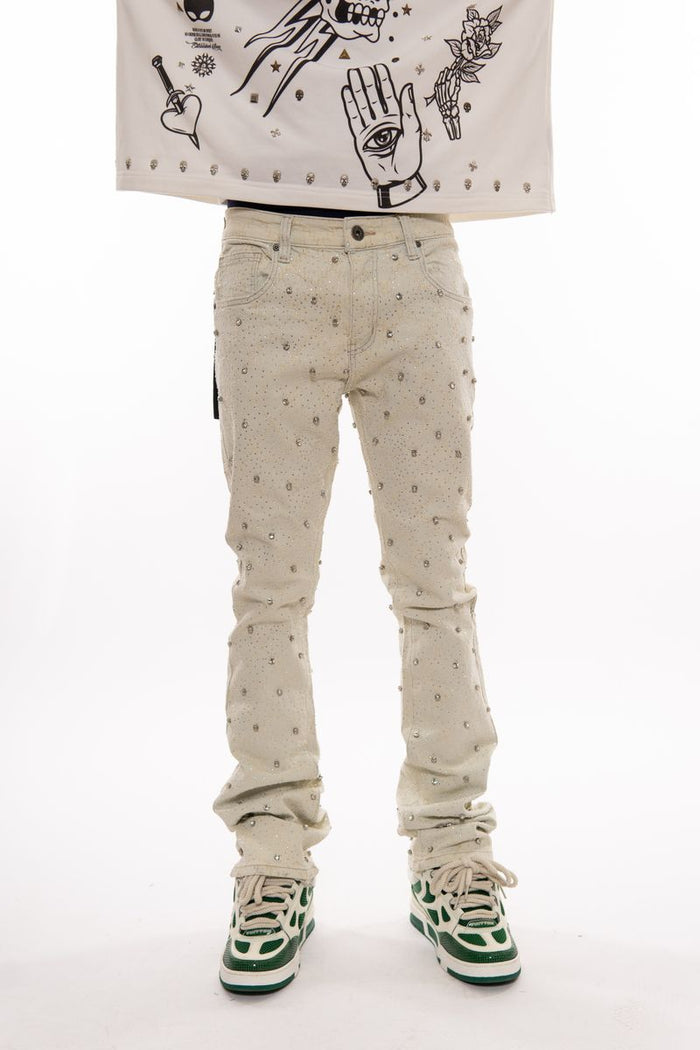 VICIOUS JEANS CREAM ALL AROUND RHINESTONE FLARE VC510
