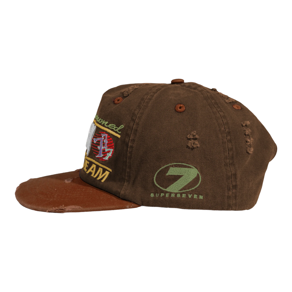 FLEX SHOP brown distressed snapback hat with embroidered multi-color logos and custom globe icon patch side view