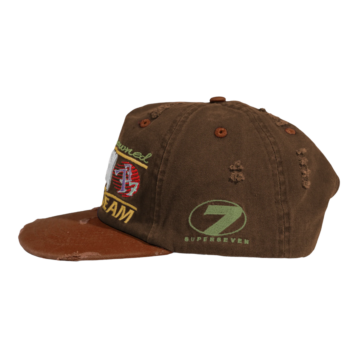 FLEX SHOP brown distressed snapback hat with embroidered multi-color logos and custom globe icon patch side view