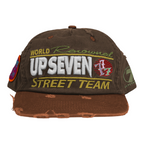 FLEX SHOP brown distressed snapback hat with multi-color embroidered logos and custom globe patch