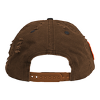 FLEX SHOP brown distressed snapback hat with embroidered detailing and adjustable strap, back view