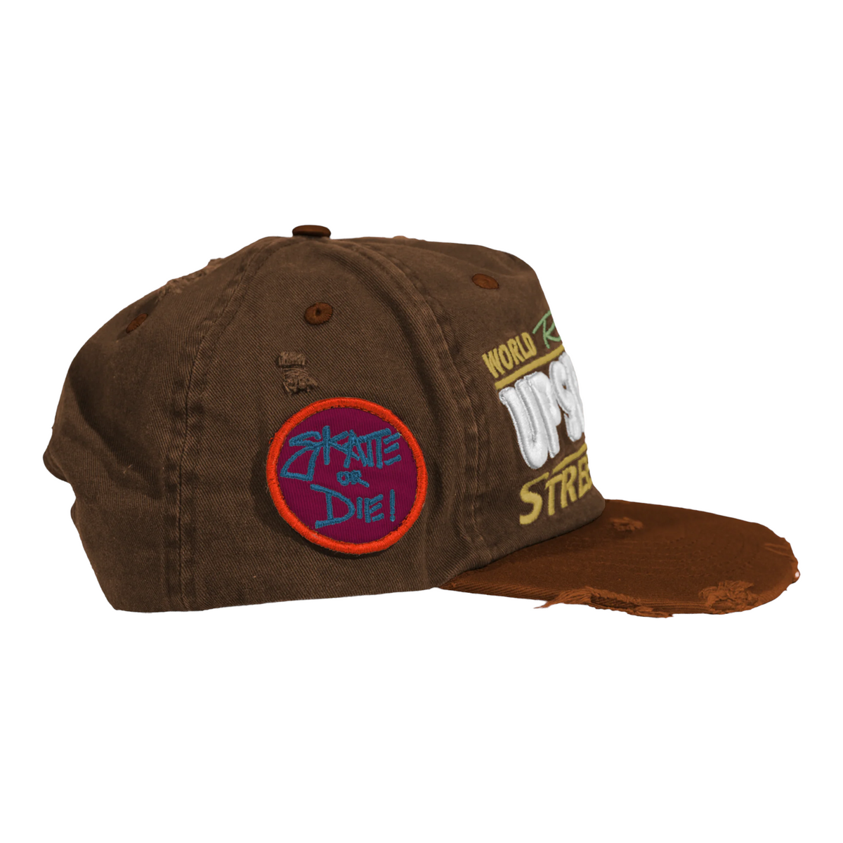 FLEX SHOP brown distressed snapback hat with embroidered multi-color logos and custom globe patch, side view