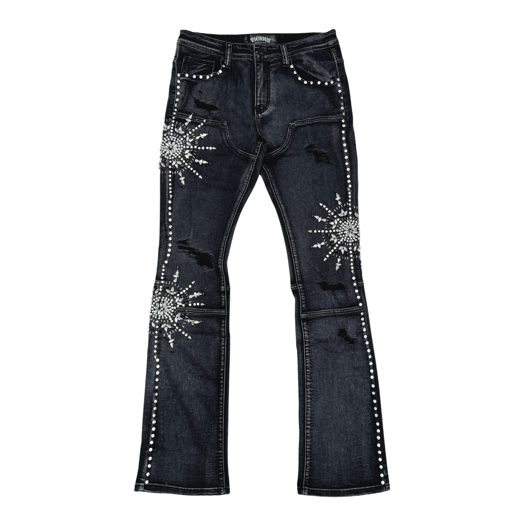 VICIOUS JEANS BLACK EMBELLISHED RHINESTONE FLARE VC1015