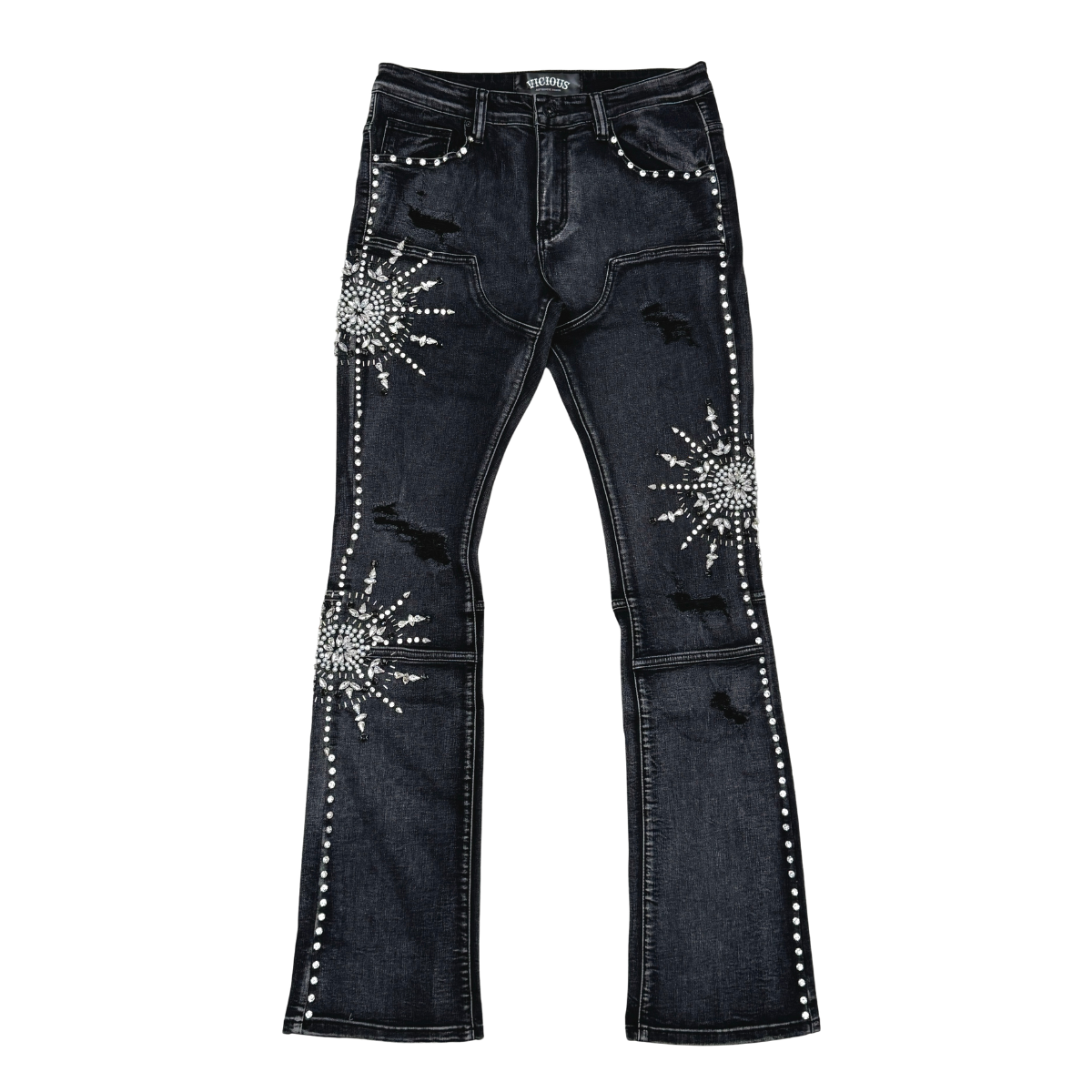 VICIOUS JEANS BLACK EMBELLISHED RHINESTONE FLARE VC1015