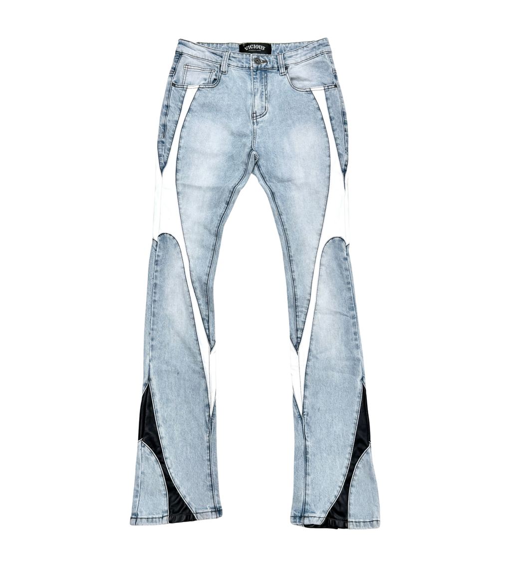 VICIOUS JEANS LIGHT BLUE STACK LEATHER CUT & SEW VC5000