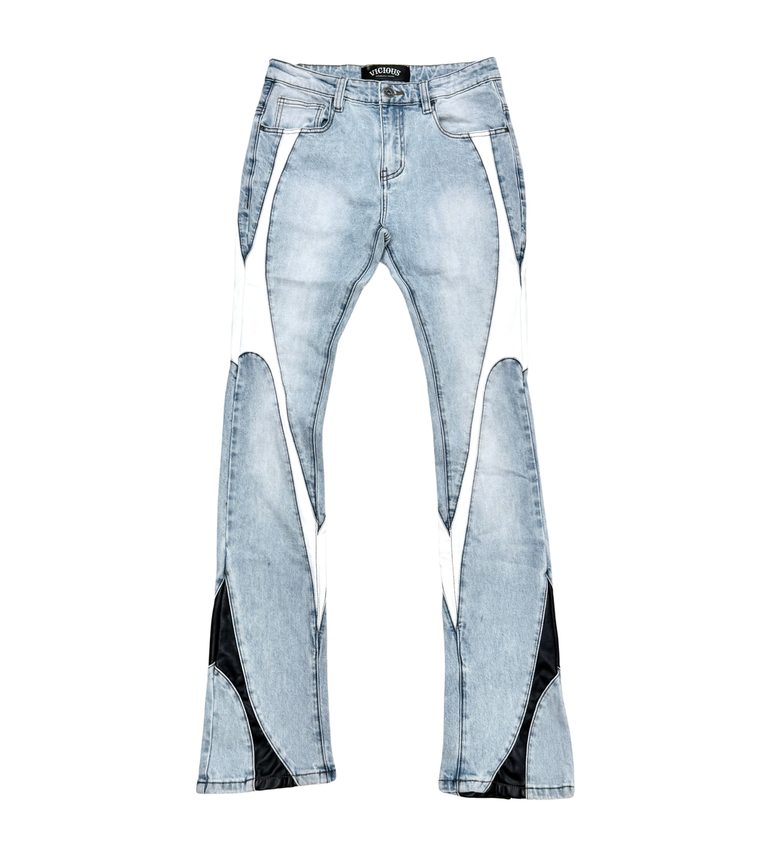 VICIOUS JEANS LIGHT BLUE STACK LEATHER CUT & SEW VC5000