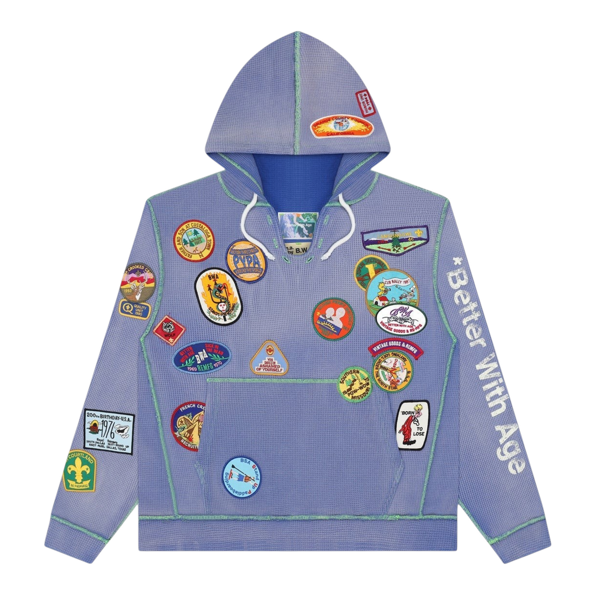 FLEX SHOP Better With Age blue waffle-knit hoodie featuring various vintage-style embroidered patches and a hood.