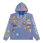 FLEX SHOP Better With Age blue waffle-knit hoodie featuring various vintage-style embroidered patches and a hood.
