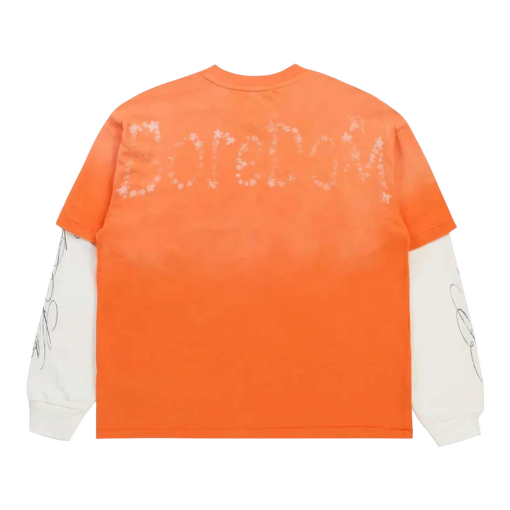 FLEX SHOP orange and white layered long sleeve tee with Boredom Kills graphic on the back