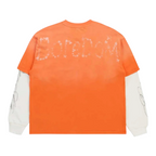 FLEX SHOP orange and white layered long sleeve tee with Boredom Kills graphic on the back