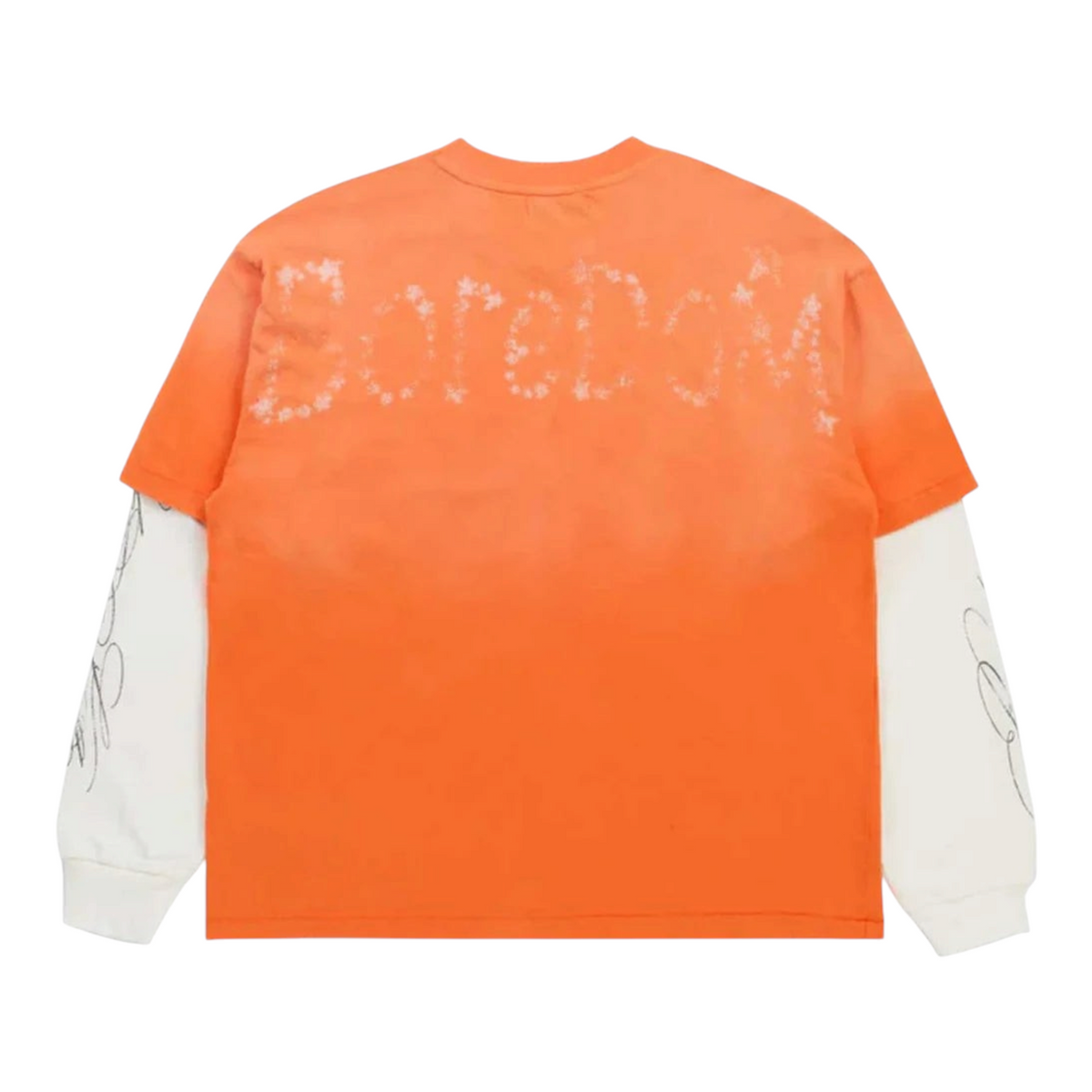 FLEX SHOP orange and white layered long sleeve tee with Boredom Kills graphic on the back