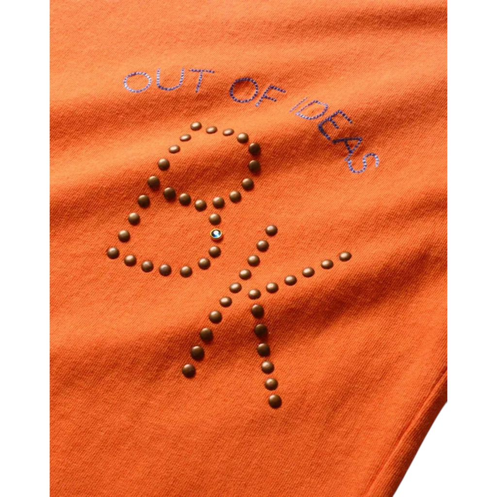 FLEX SHOP orange cotton t-shirt featuring Out of Ideas text and BK logo in metallic studs