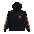 FLEX SHOP black Eric Emanuel pullover hoodie featuring a red flame graphic on the sleeves and chest logo.
