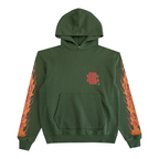 FLEX SHOP Eric Emanuel green hoodie with orange flame sleeve graphics and chest logo