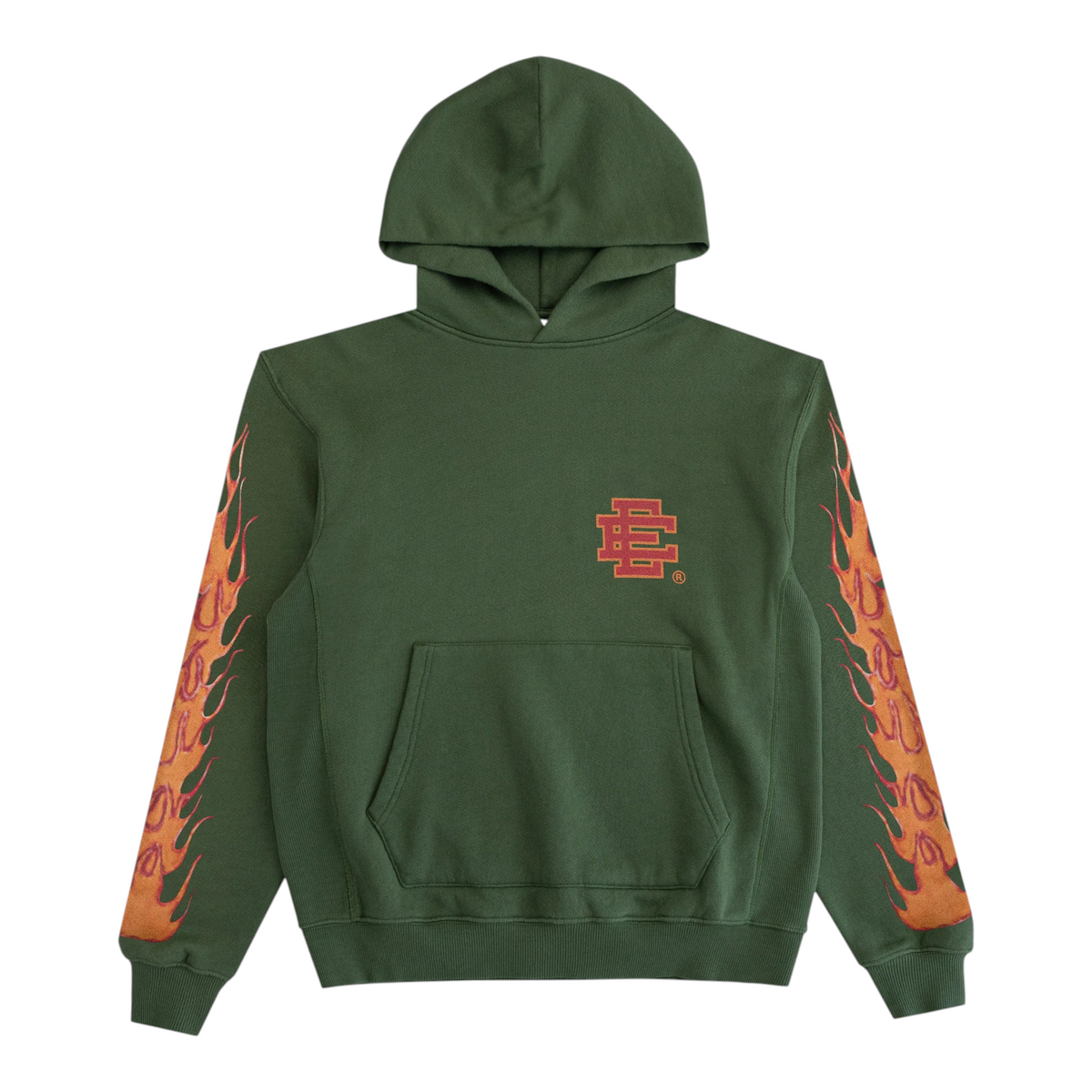 FLEX SHOP Eric Emanuel green hoodie with orange flame sleeve graphics and chest logo