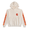 FLEX SHOP Eric Emanuel cream fleece hoodie featuring orange flame graphics on sleeves and chest logo