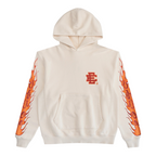 FLEX SHOP Eric Emanuel cream fleece hoodie featuring orange flame graphics on sleeves and chest logo