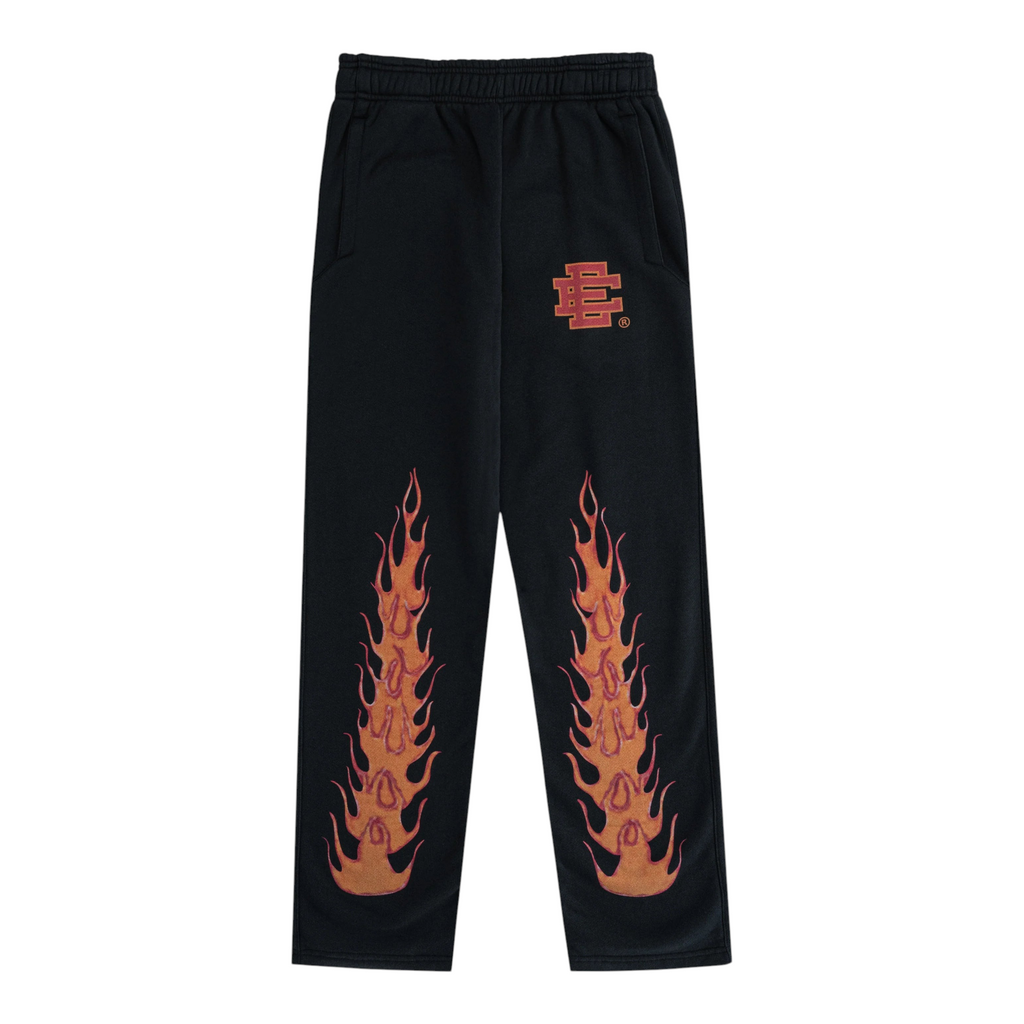 FLEX SHOP Eric Emanuel black sweatpants with orange and red flame graphics on the legs and logo on the hip