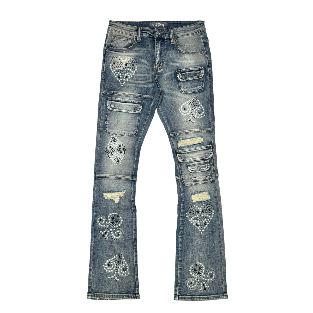 VICIOUS JEANS DARK BLUE Cargo Lucky Seven Flare Pearls VC1020