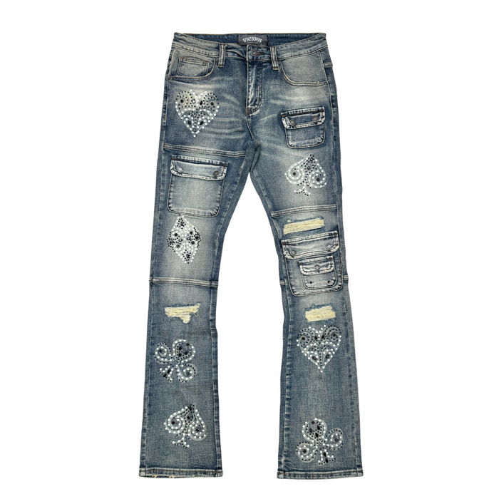 VICIOUS JEANS DARK BLUE Cargo Lucky Seven Flare Pearls VC1020