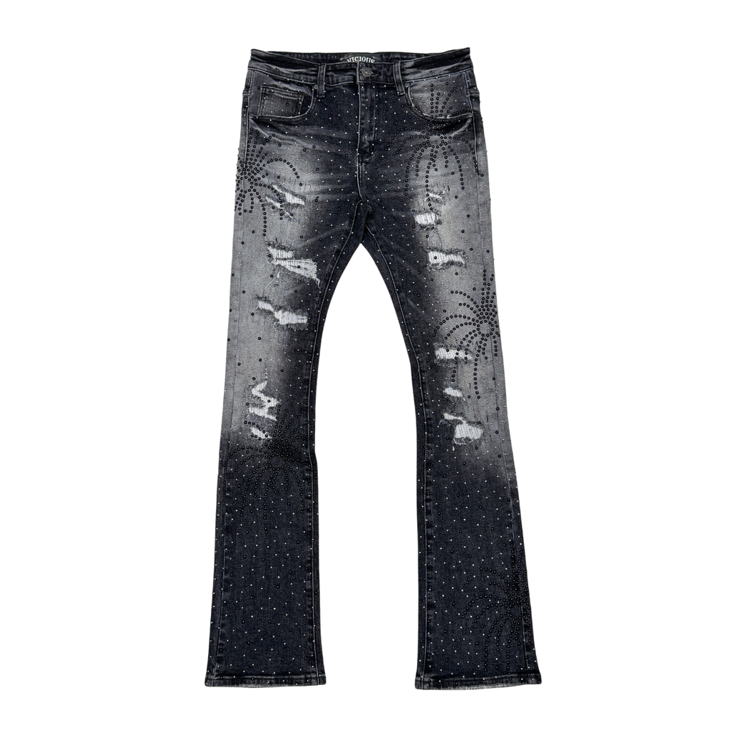 VICIOUS JEANS BLACK EMBELLISHED RHINESTONE FLARE SPYDER ART VC1005