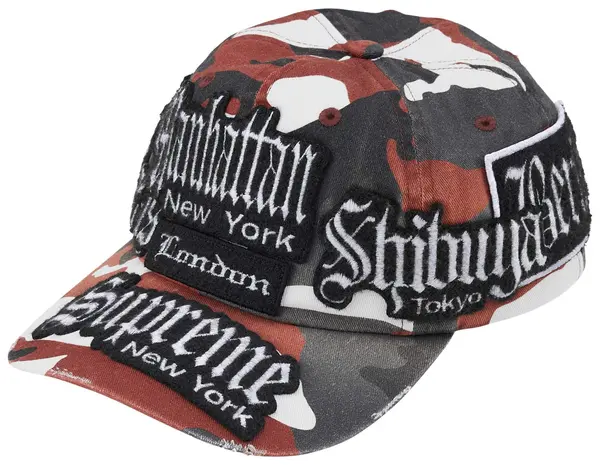 Supremes red camo hat 6 panel city patches