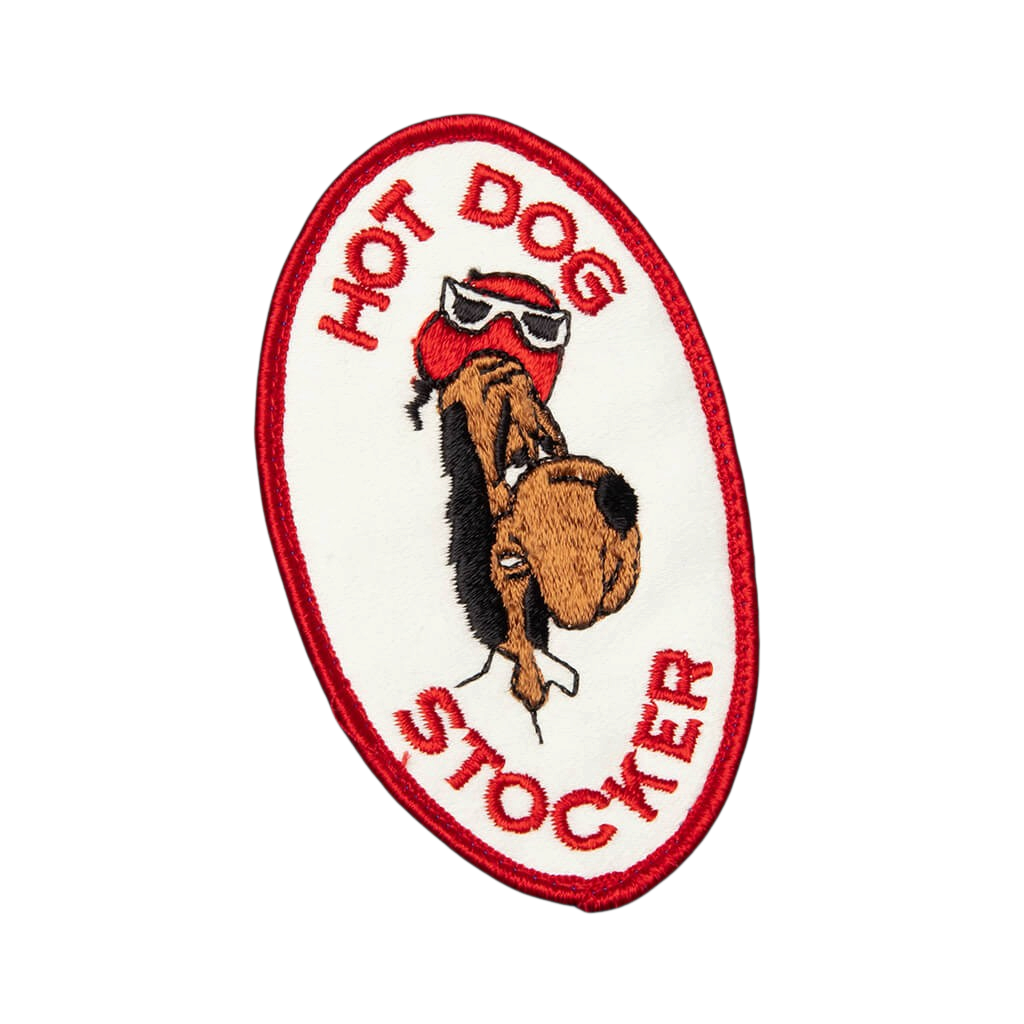 FLEX SHOP oval embroidered patch featuring a cartoon dog wearing sunglasses with Hot Dog Stocker text in red