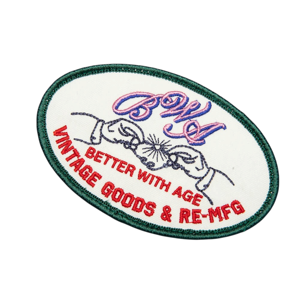 FLEX SHOP oval embroidered patch with Better With Age vintage graphic, featuring hands and red and blue lettering.