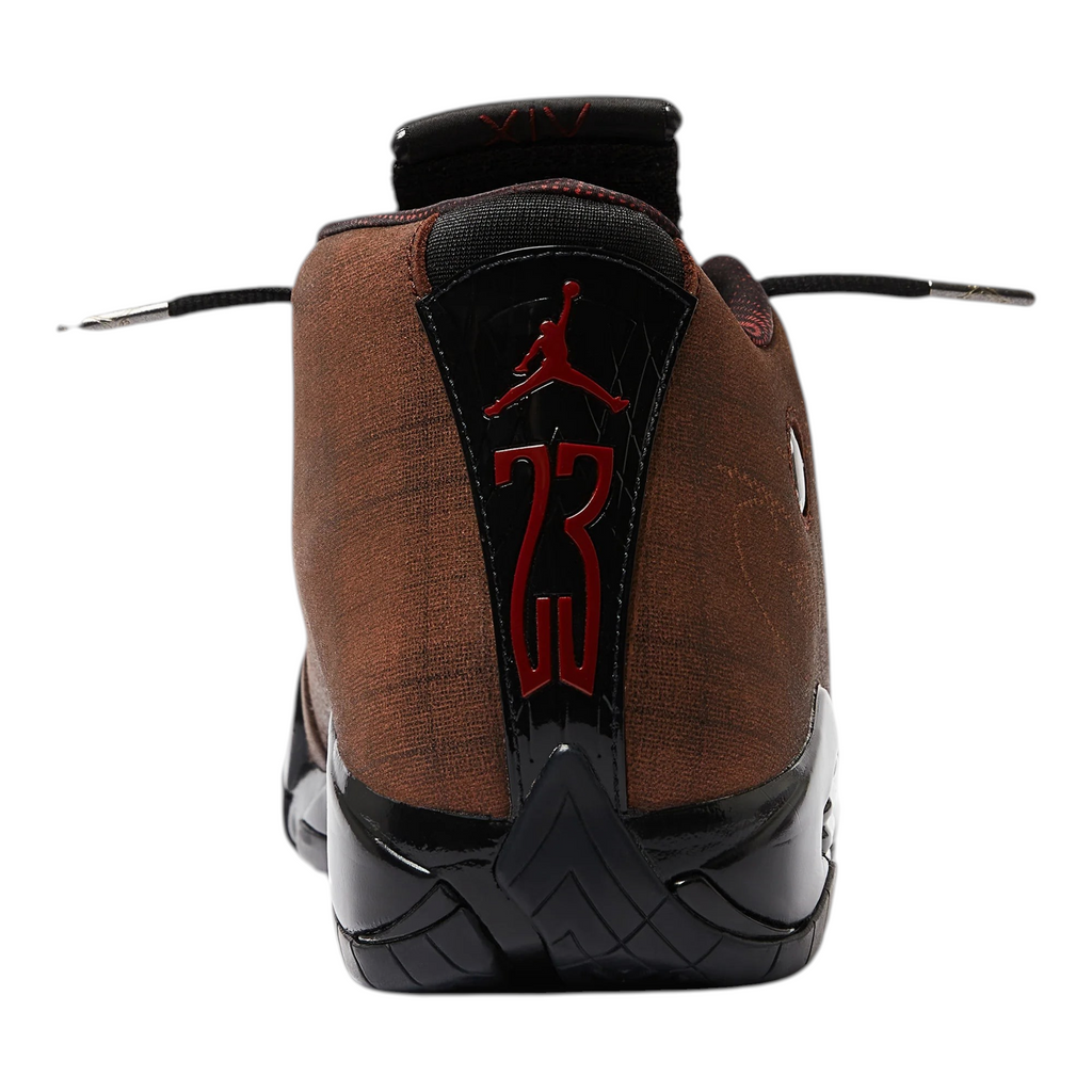FLEX SHOP Jordan 14 Retro Mowalola sneaker in burnt red, showing the rear heel view with branding and black sole.