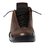 FLEX SHOP Jordan 14 Retro Mowalola sneaker in burnt red leather with black accents and front-facing view