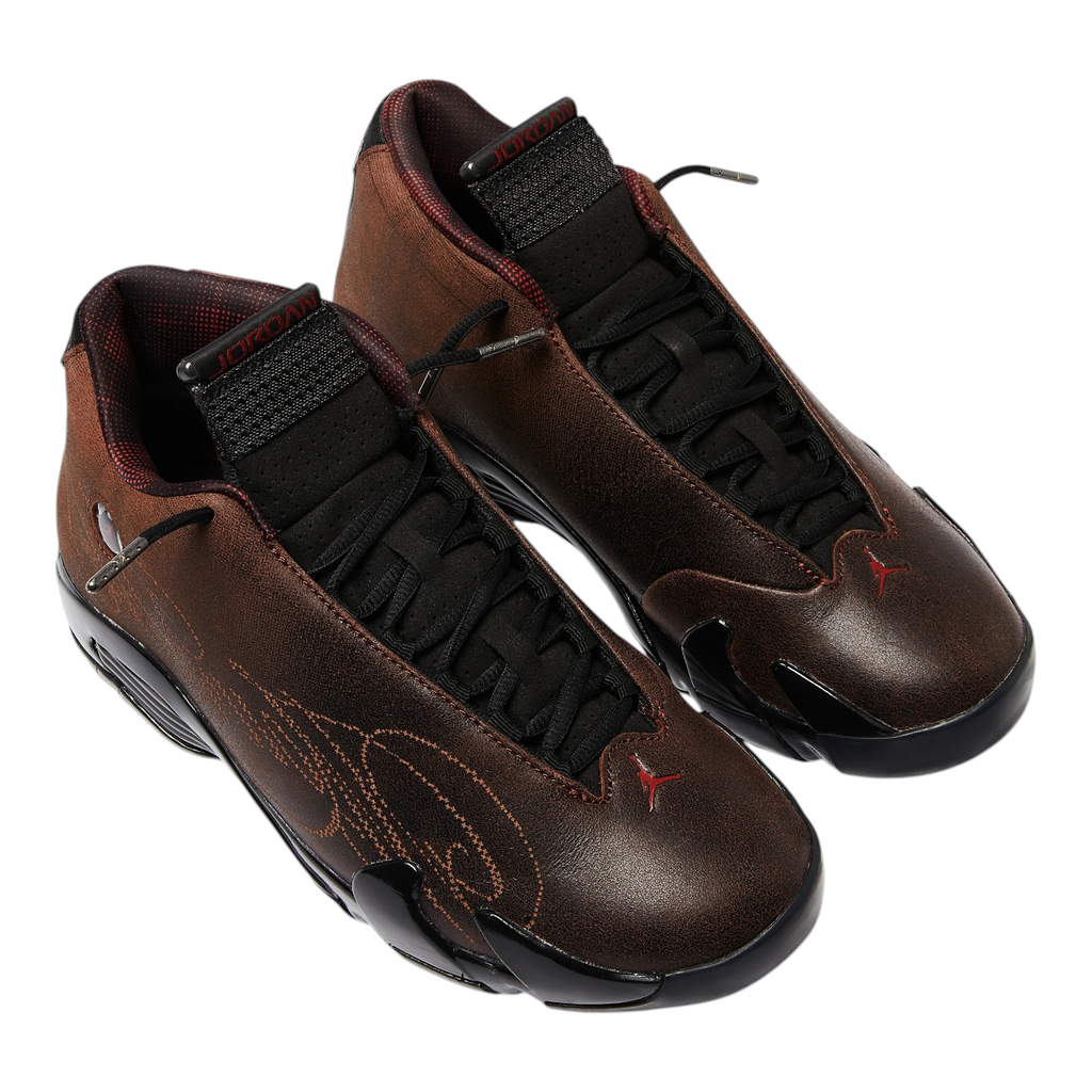 FLEX SHOP Jordan 14 Retro Mowalola sneakers in burnt red leather with black accents and signature branding