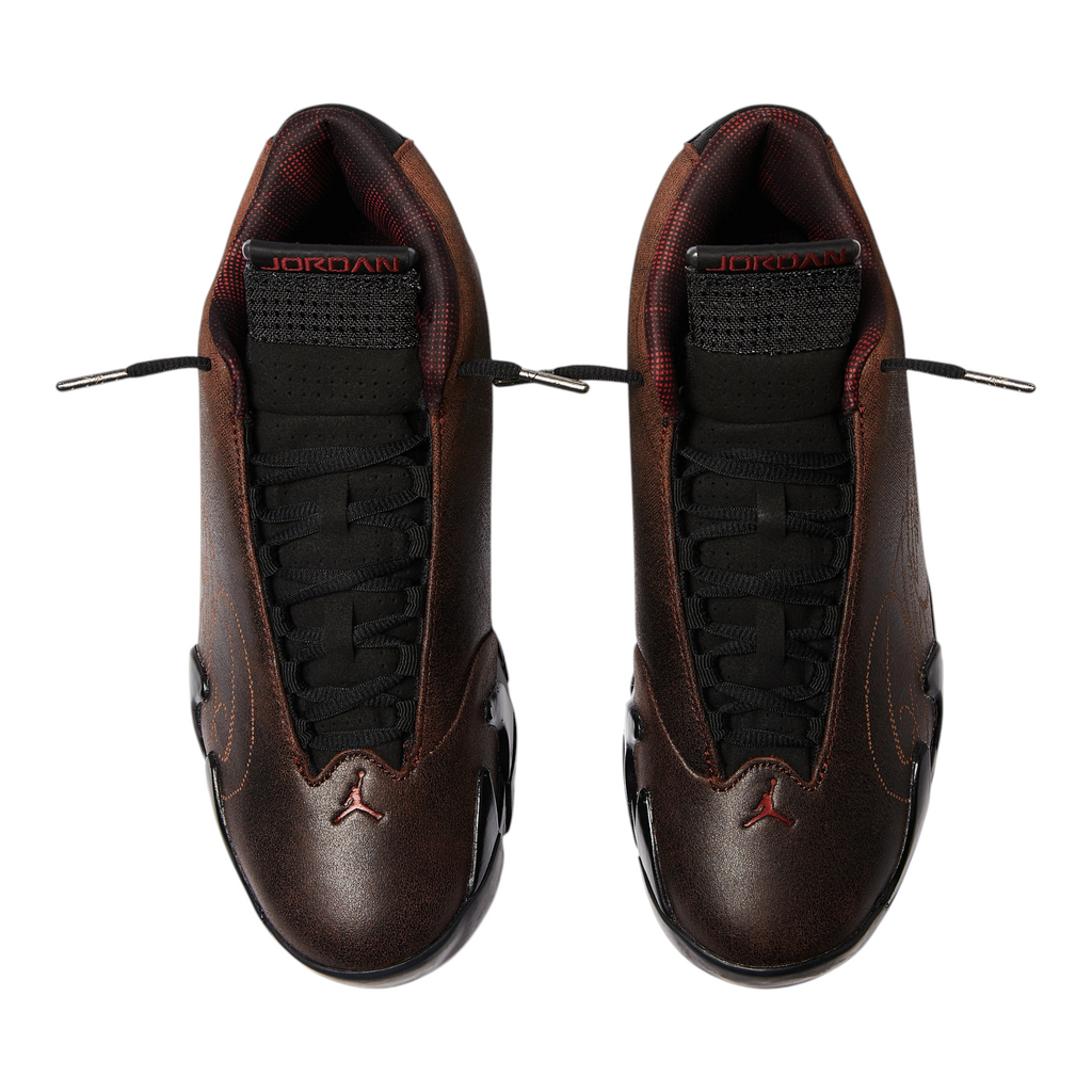 FLEX SHOP Jordan 14 Retro Mowalola sneakers in burnt red with black accents, viewed from a top-down perspective.