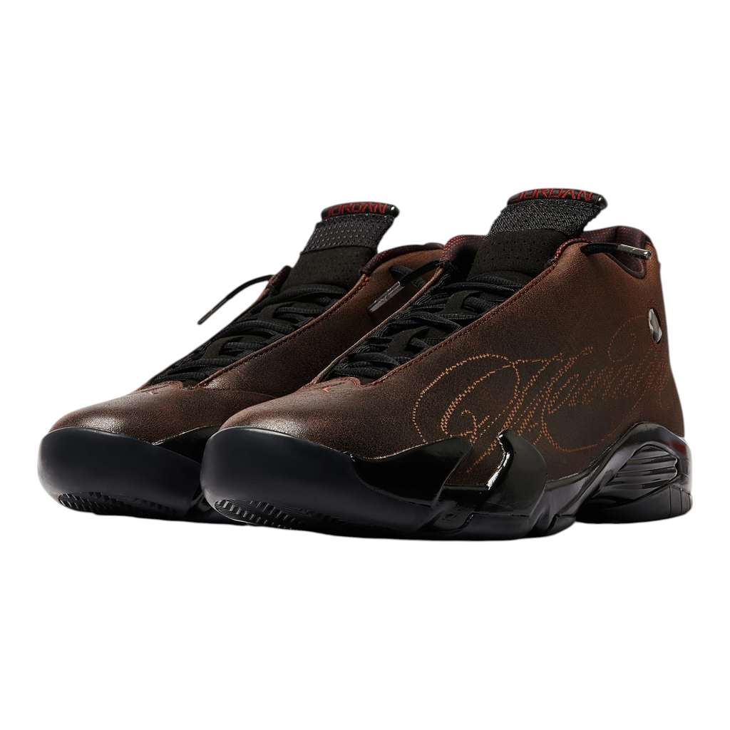 FLEX SHOP Jordan 14 Retro Mowalola sneakers in burnt red with black accents and signature branding on leather upper.
