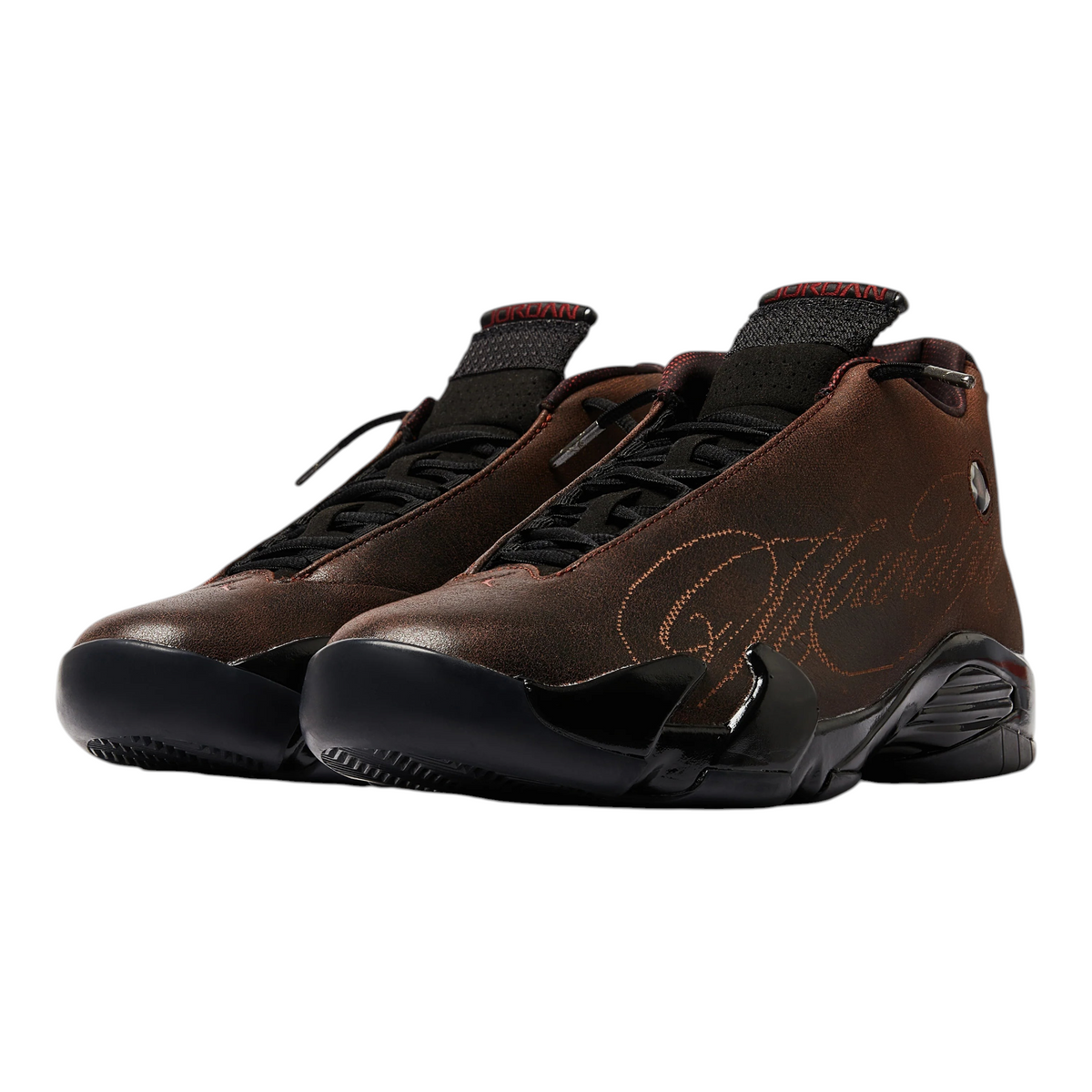 FLEX SHOP Jordan 14 Retro Mowalola sneakers in burnt red with black accents and signature branding on leather upper.