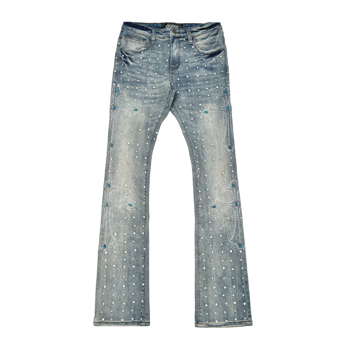 VICIOUS JEANS LIGHT BLUE EMBELLISHED BLUE RIHNESTONE FLARE CROSS VC924