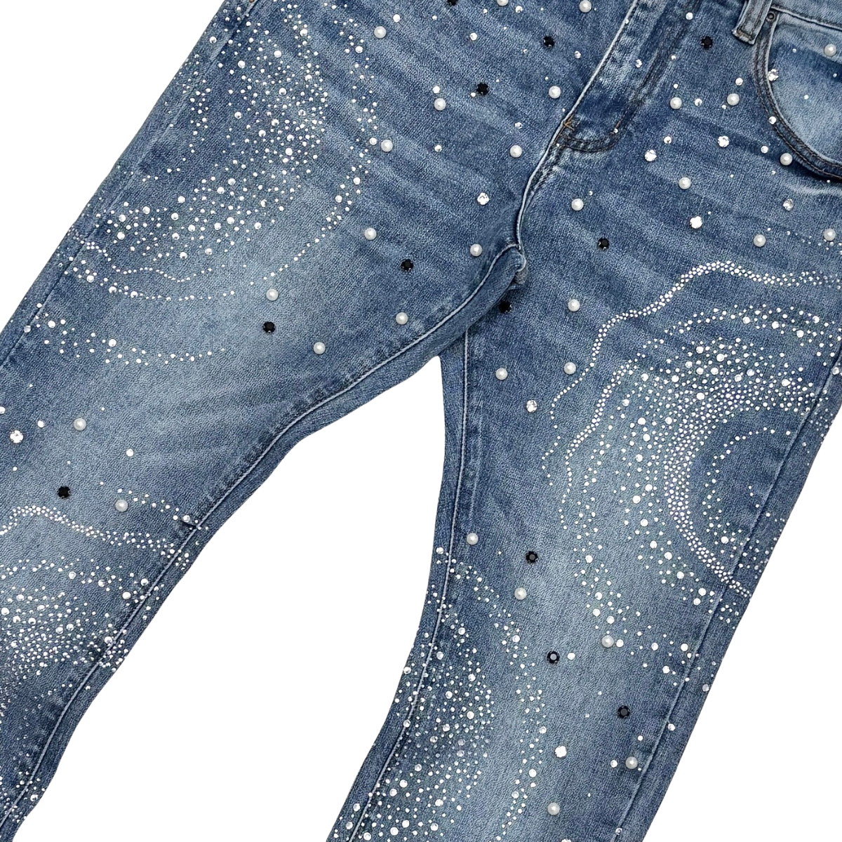 VICIOUS JEANS Dark Blue EMBELLISHED RHINESTONE PEARL FLARE VC1004