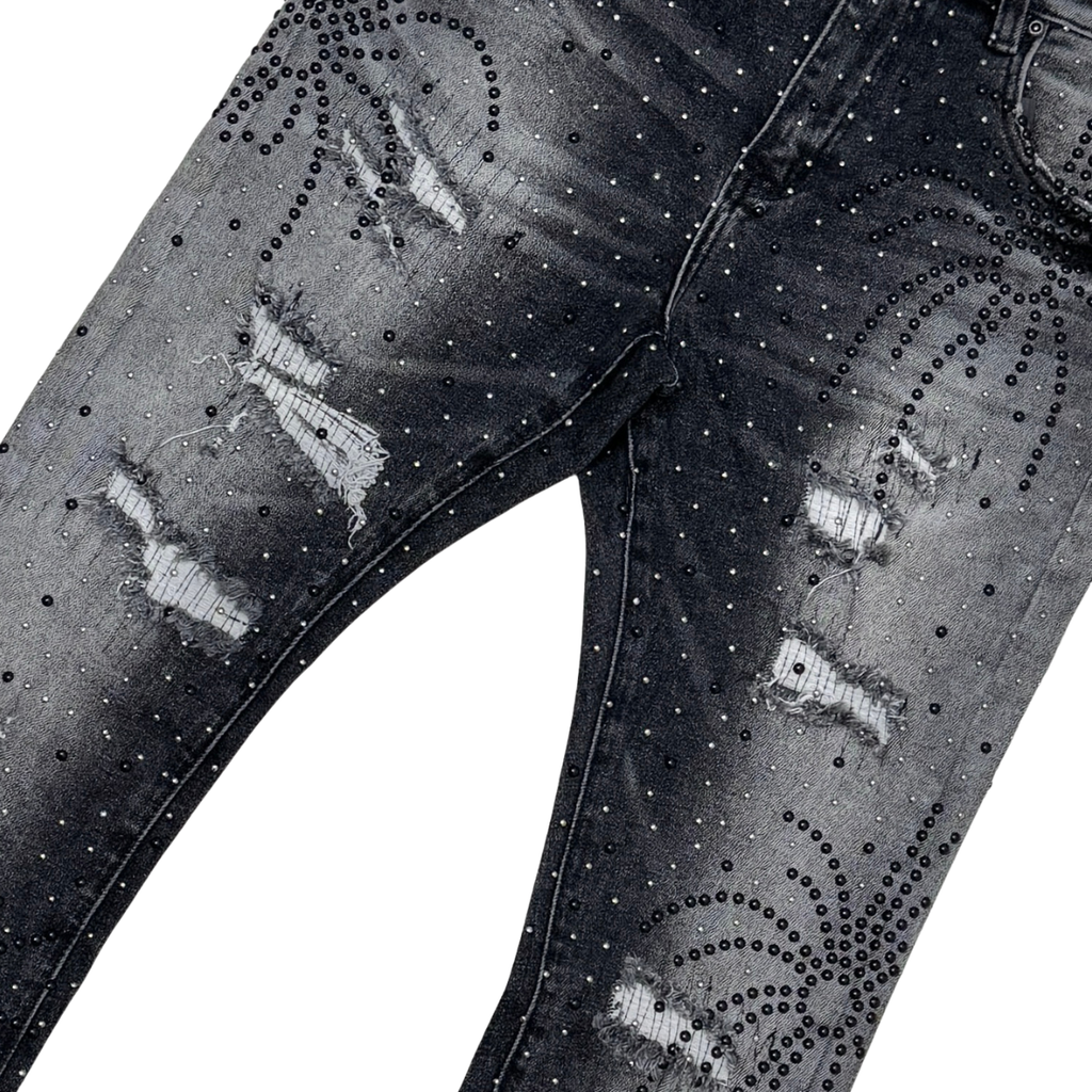 VICIOUS JEANS BLACK EMBELLISHED RHINESTONE FLARE SPYDER ART VC1005