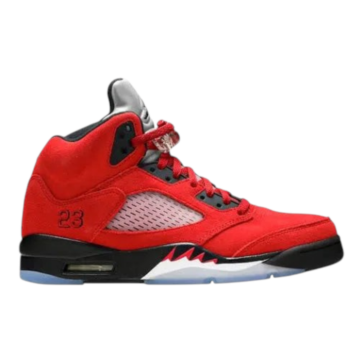FLEX SHOP Jordan 5 Toro Bravo sneakers in vibrant red suede with black accents and a visible Air-Sole unit