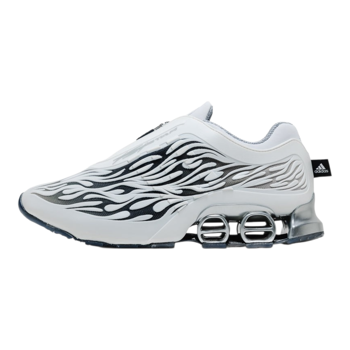 FLEX SHOP adidas Megaride S2 sneaker in white and black with flame-inspired side patterns and metallic heel cushioning