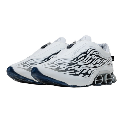 FLEX SHOP adidas Megaride S2 sneakers in white and black with flame graphic details and unique heel cushioning.