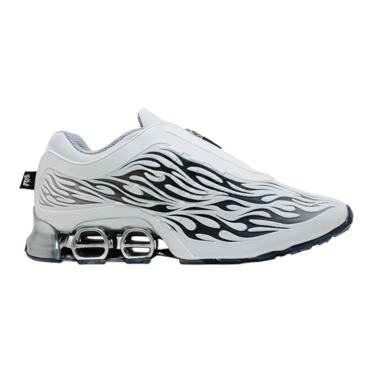 FLEX SHOP adidas Megaride S2 sneaker in white and black with flame-patterned overlays and metallic heel cushioning.
