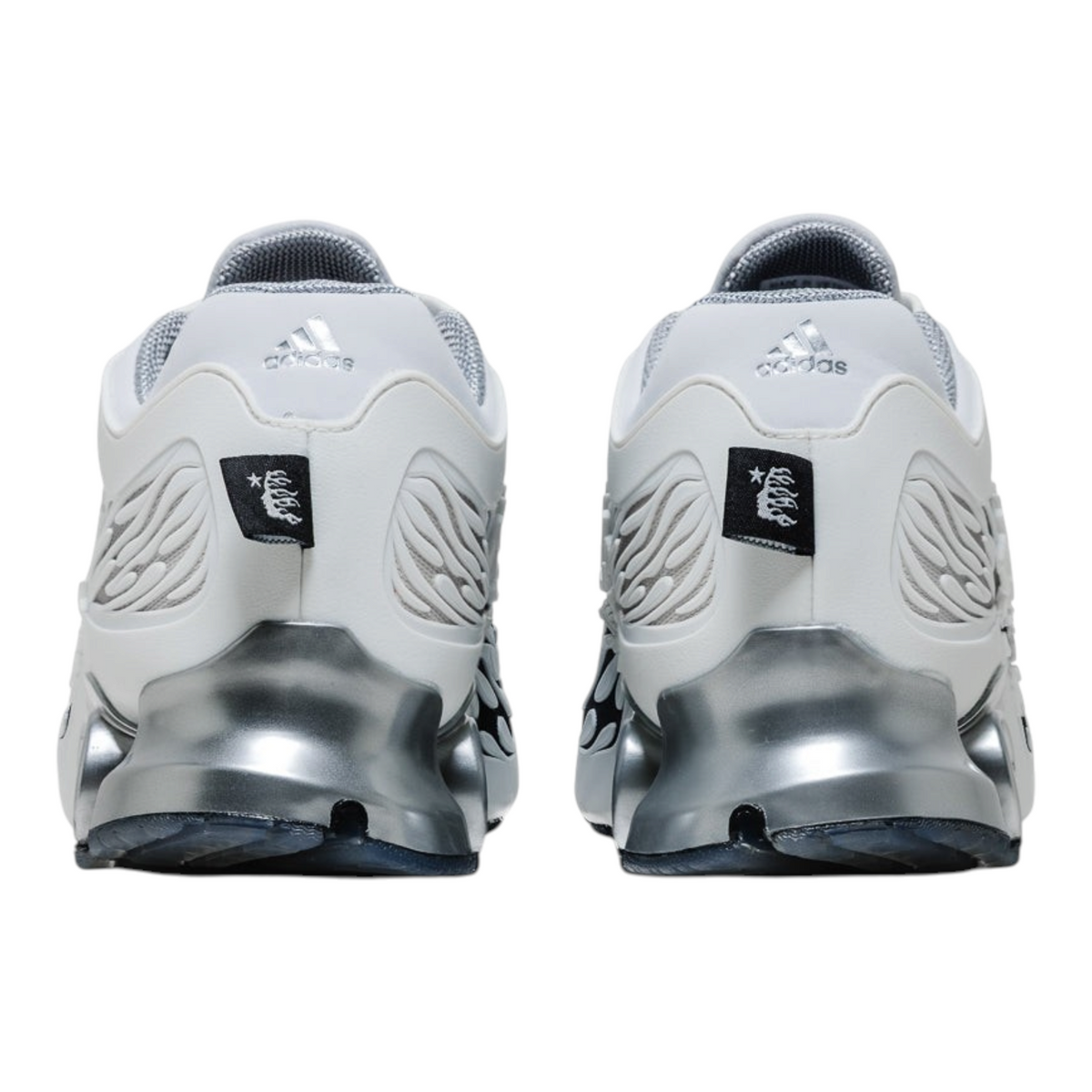FLEX SHOP adidas Megaride S2 sneakers in white and black with metallic silver heel detailing and rear view