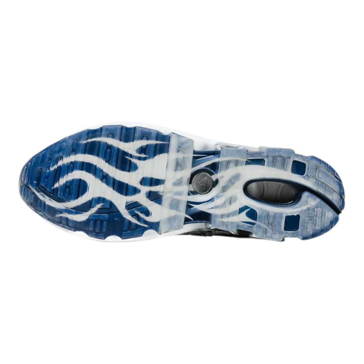 FLEX SHOP adidas Megaride S2 sneaker outsole featuring a white and blue flame pattern on a durable rubber tread