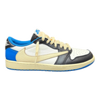 FLEX SHOP Jordan 1 Retro Low Fragment x Travis Scott sneaker in white, black, and blue with a signature reverse swoosh