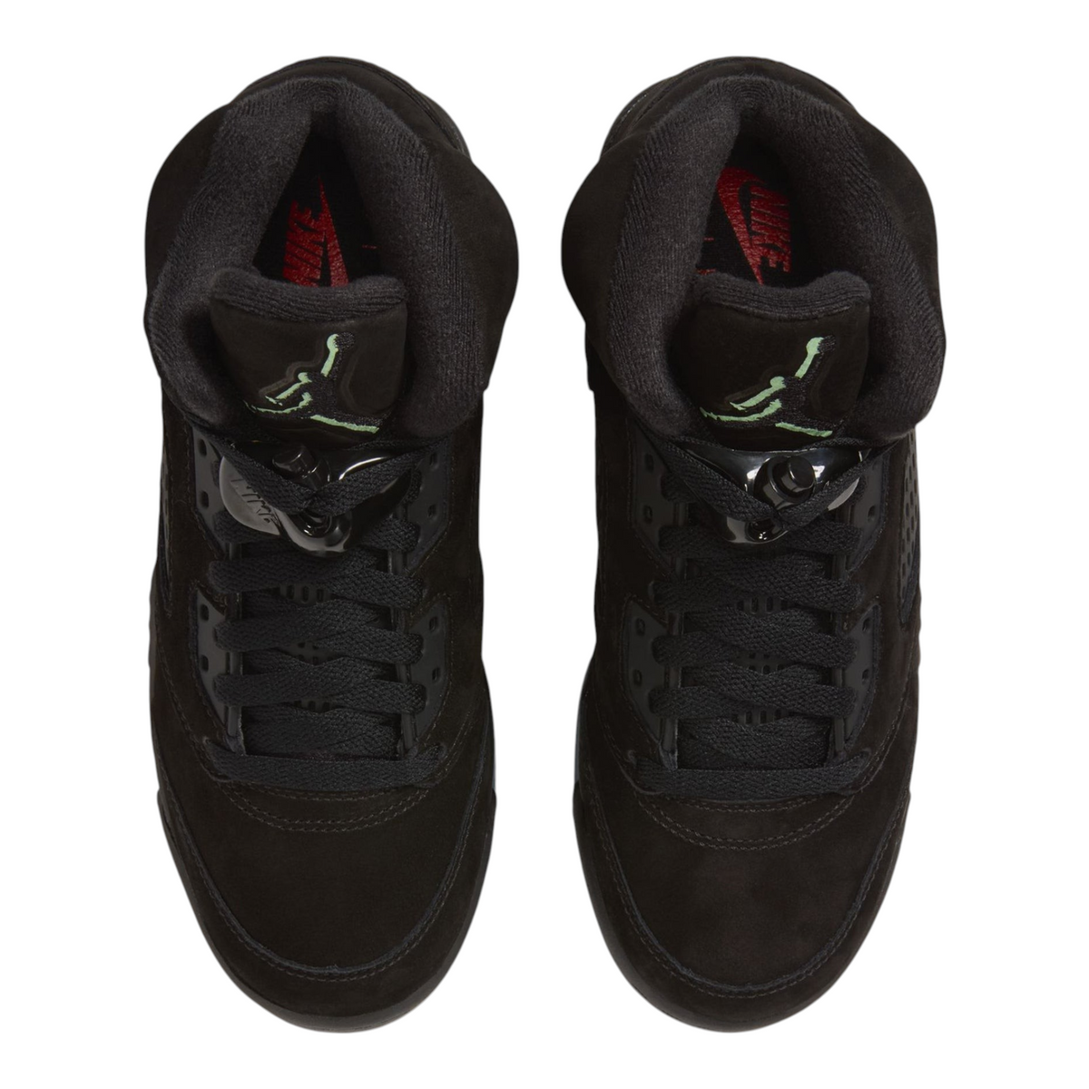 FLEX SHOP Air Jordan 5 Halloween GS sneakers in black with reflective tongue and lace locks, top-down view.