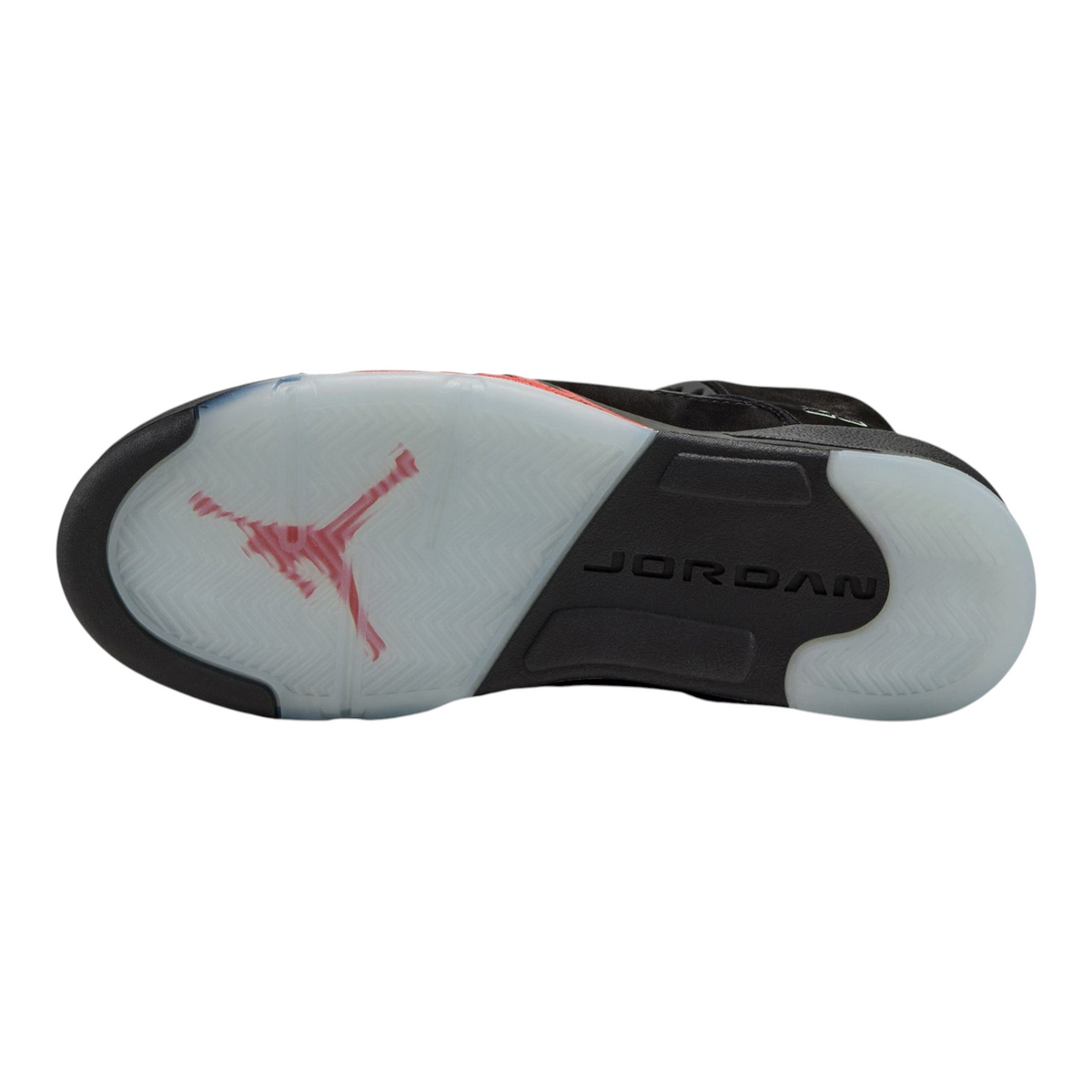 FLEX SHOP Air Jordan 5 Halloween GS sneaker showing the black and translucent rubber outsole with red Jumpman logo