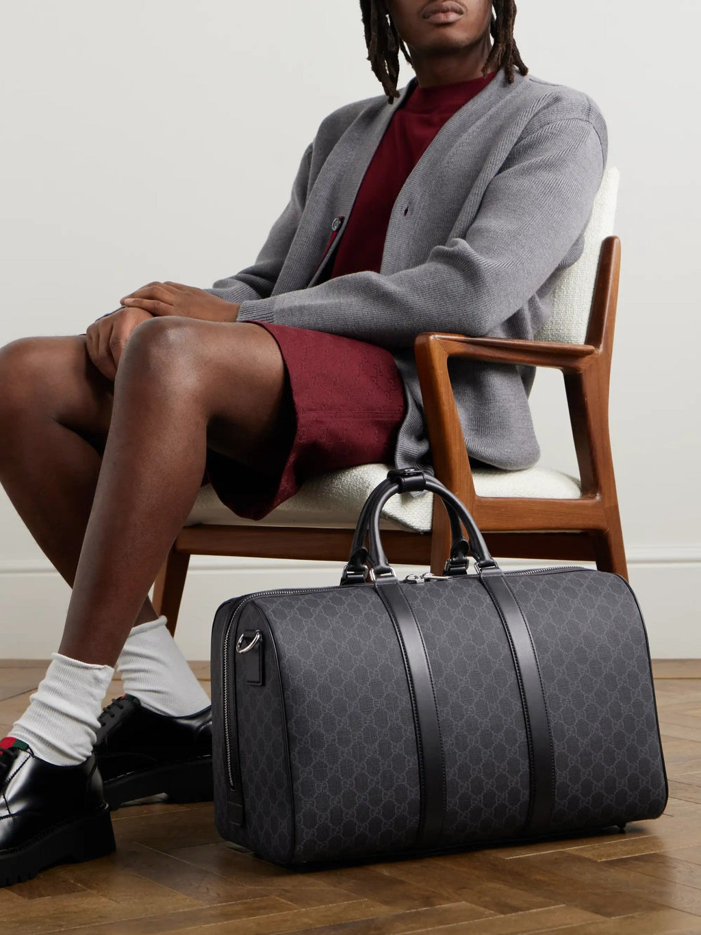 GUCCI GG Leather-Trimmed Monogrammed Supreme Coated-Canvas Duffle Bag preowned